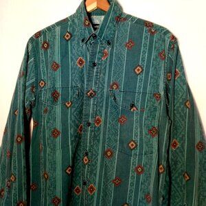 Frontier Series Western Shirt Small Teal Southwest Geometric Button Down READ